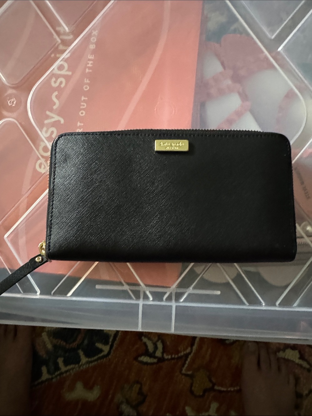 kate spade Black Zip-Around Leather Wallet with Gold Logo